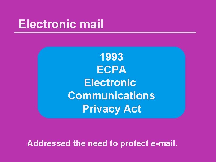 Electronic mail 1993 ECPA Electronic Communications Privacy Act Addressed the need to protect e-mail.