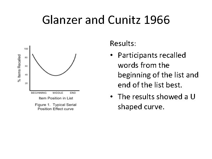 Glanzer and Cunitz 1966 Results: • Participants recalled words from the beginning of the