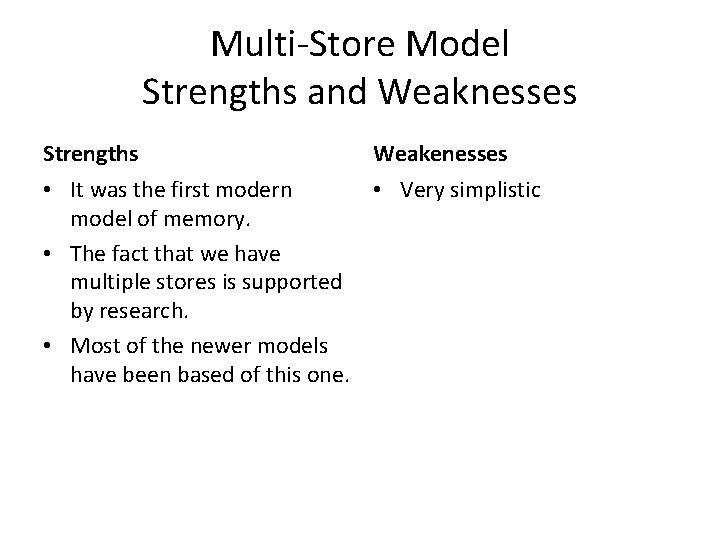 Multi-Store Model Strengths and Weaknesses Strengths Weakenesses • It was the first modern •