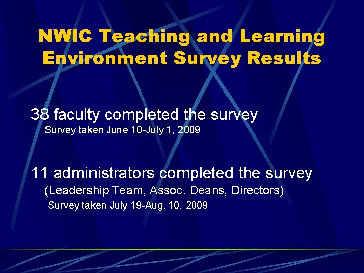 NWIC Teaching and Learning Environment Survey Results 38 faculty completed the survey Survey taken