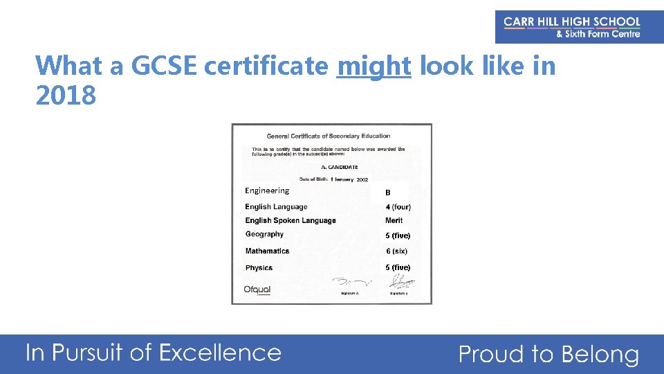 What a GCSE certificate might look like in 2018 2002 Engineering B 5 (five)