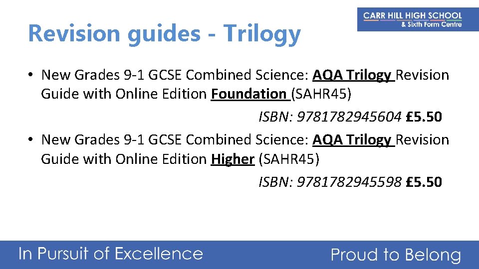 Revision guides - Trilogy • New Grades 9 -1 GCSE Combined Science: AQA Trilogy