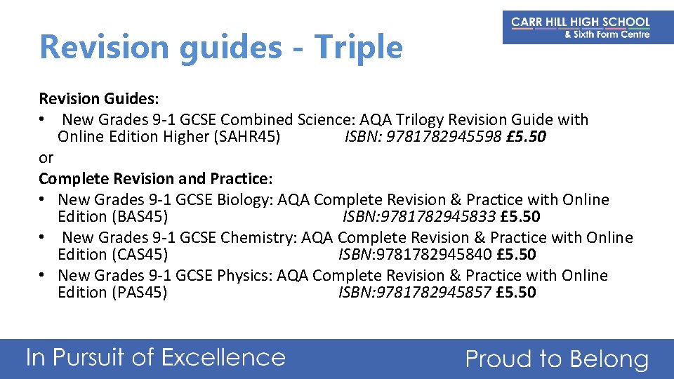 Revision guides - Triple Revision Guides: • New Grades 9 -1 GCSE Combined Science: