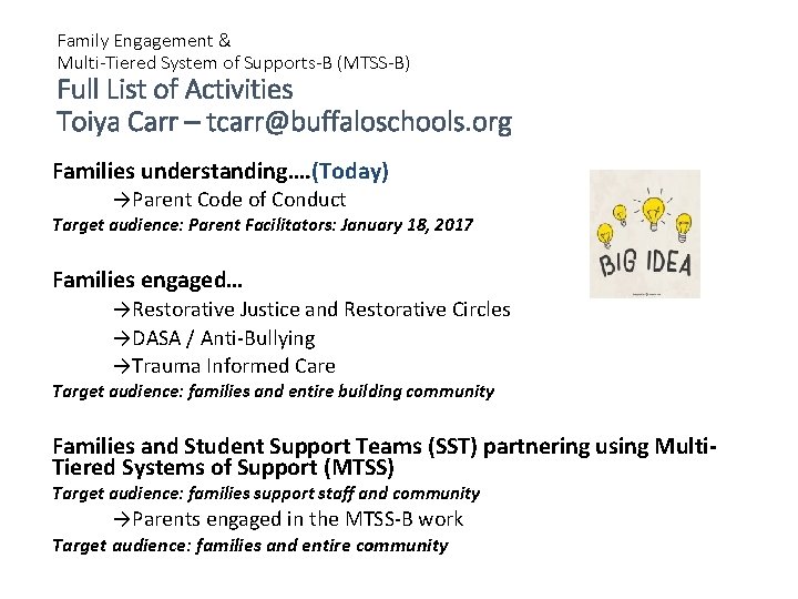 Family Engagement & Multi-Tiered System of Supports-B (MTSS-B) Full List of Activities Toiya Carr