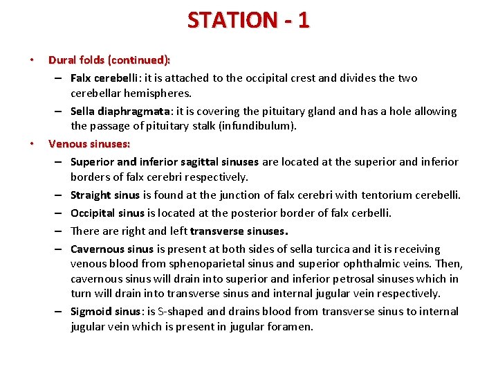 STATION - 1 • • Dural folds (continued): – Falx cerebelli: it is attached