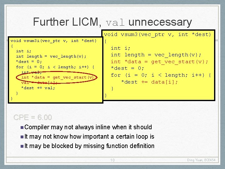 Further LICM, val unnecessary void vsum 3 i(vec_ptr v, int *dest) { int i;