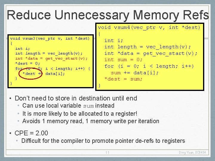 Reduce Unnecessary Memory Refs void vsum 3(vec_ptr v, int *dest) { int i; int