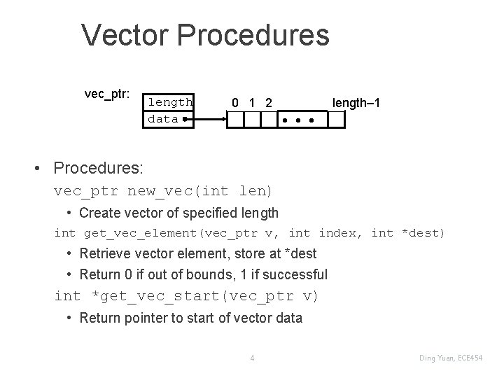 Vector Procedures vec_ptr: length data 0 1 2 length– 1 • Procedures: vec_ptr new_vec(int