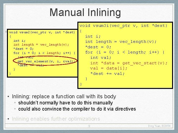 Manual Inlining void vsum 2(vec_ptr v, int *dest) { int i; int length =
