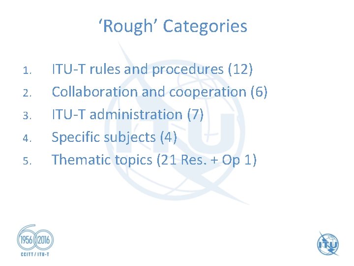 ‘Rough’ Categories 1. 2. 3. 4. 5. ITU-T rules and procedures (12) Collaboration and