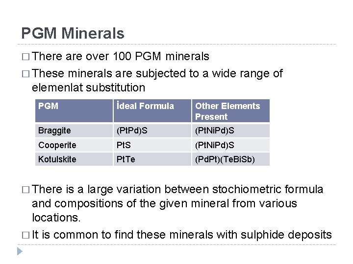 PGM Minerals � There are over 100 PGM minerals � These minerals are subjected