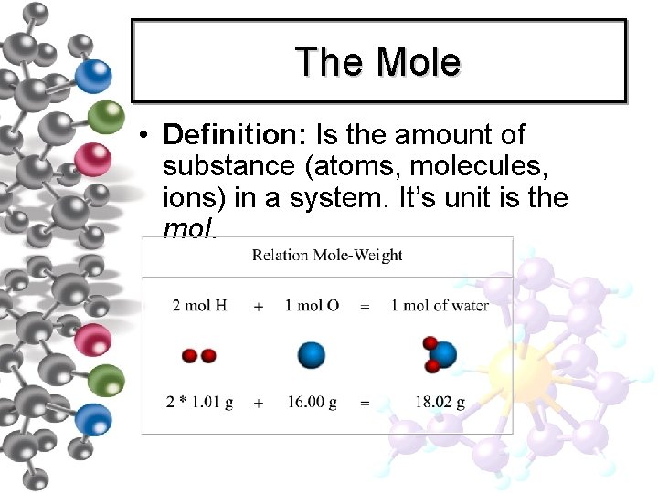 The Mole • Definition: Is the amount of substance (atoms, molecules, ions) in a The Mole • Definition: Is the amount of substance (atoms, molecules, ions) in a