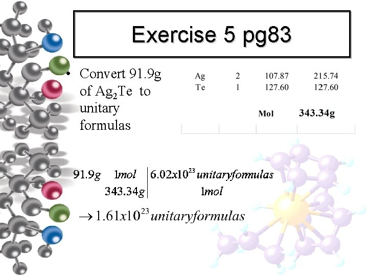 Exercise 5 pg 83 • Convert 91. 9 g of Ag 2 Te to Exercise 5 pg 83 • Convert 91. 9 g of Ag 2 Te to