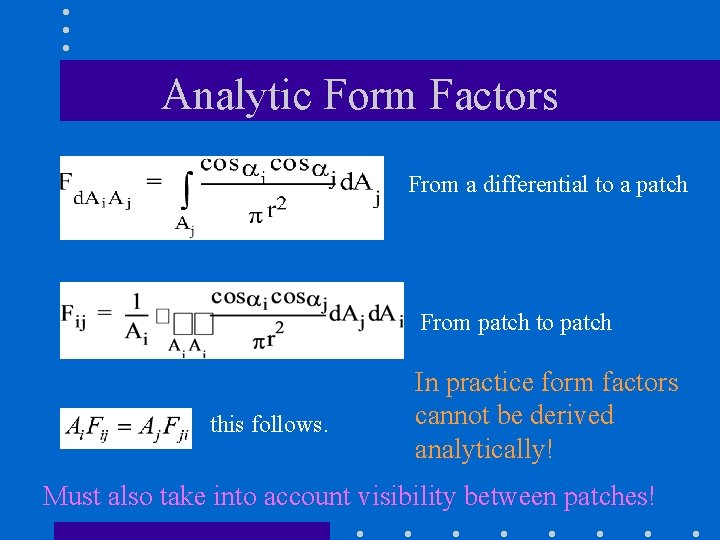 Analytic Form Factors From a differential to a patch From patch to patch this