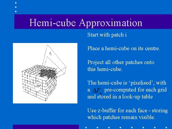 Hemi-cube Approximation Start with patch i Place a hemi-cube on its centre. Project all