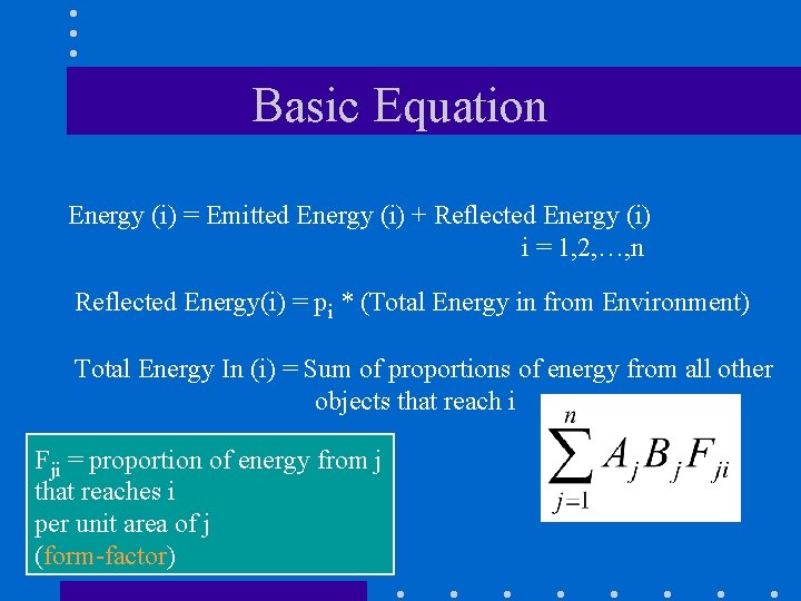 Basic Equation Energy (i) = Emitted Energy (i) + Reflected Energy (i) i =