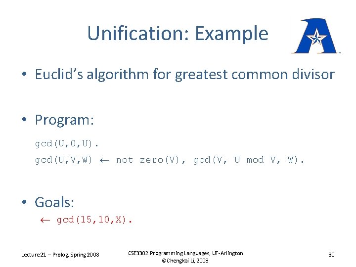 Unification: Example • Euclid’s algorithm for greatest common divisor • Program: gcd(U, 0, U).