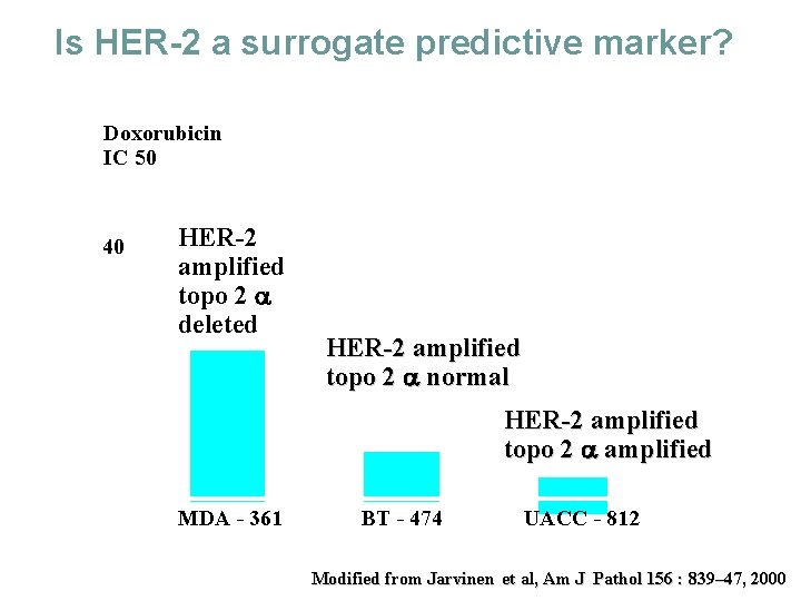 Is HER-2 a surrogate predictive marker? Doxorubicin IC 50 50 40 30 HER-2 amplified