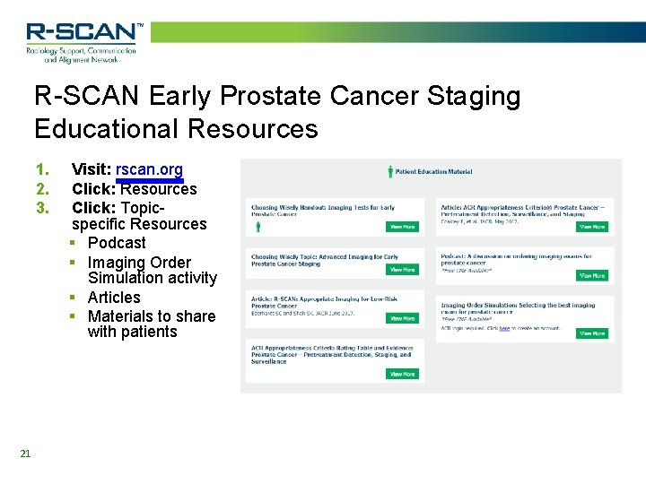 R-SCAN Early Prostate Cancer Staging Educational Resources 1. 2. 3. 21 Visit: rscan. org