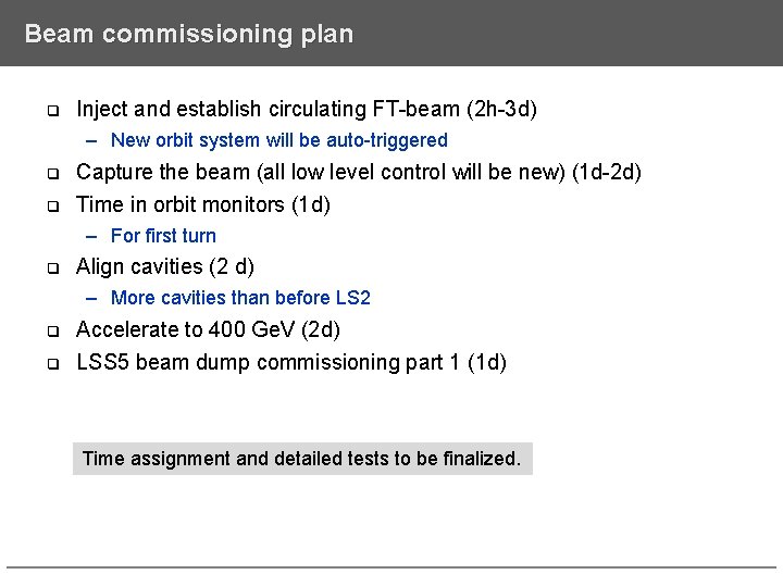 Beam commissioning plan q Inject and establish circulating FT-beam (2 h-3 d) – New