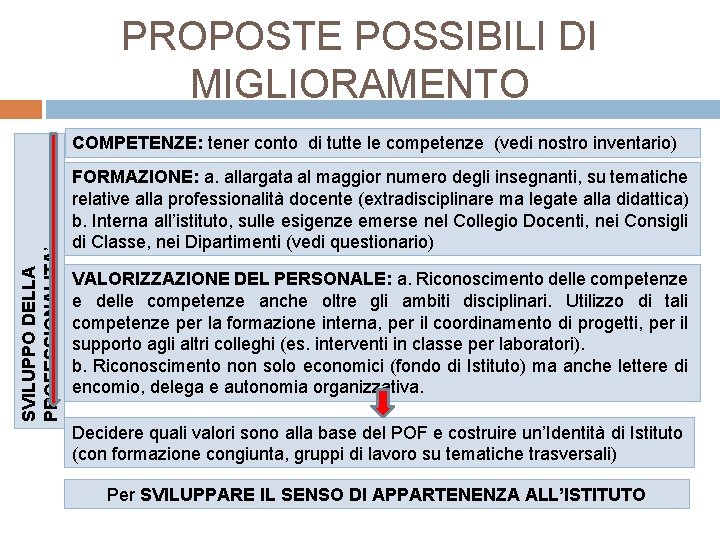 PROPOSTE POSSIBILI DI MIGLIORAMENTO SVILUPPO DELLA PROFESSIONALITA’ COMPETENZE: tener conto di tutte le competenze