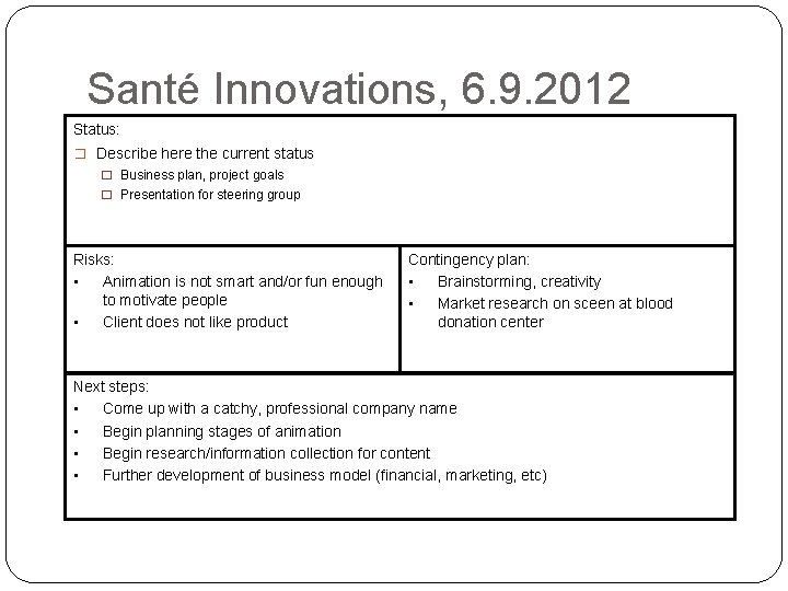 Santé Innovations, 6. 9. 2012 Status: � Describe here the current status � Business