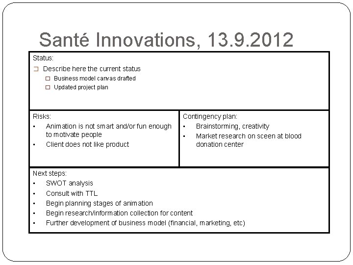 Santé Innovations, 13. 9. 2012 Status: � Describe here the current status � Business