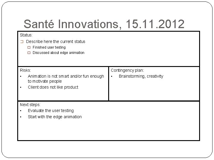 Santé Innovations, 15. 11. 2012 Status: � Describe here the current status � Finished