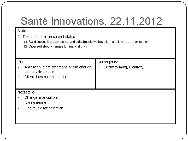 Santé Innovations, 22. 11. 2012 Status: � Describe here the current status � SG