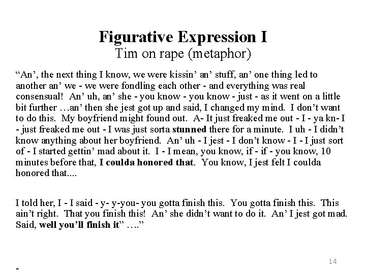 Figurative Expression I Tim on rape (metaphor) “An’, the next thing I know, we