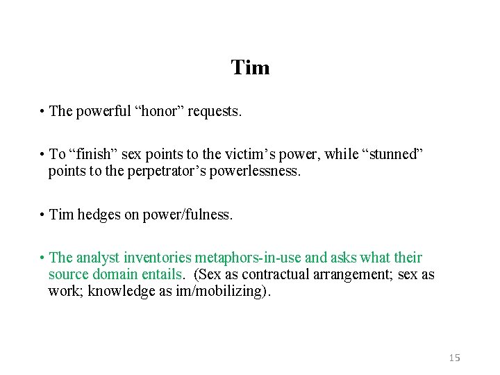 Tim • The powerful “honor” requests. • To “finish” sex points to the victim’s