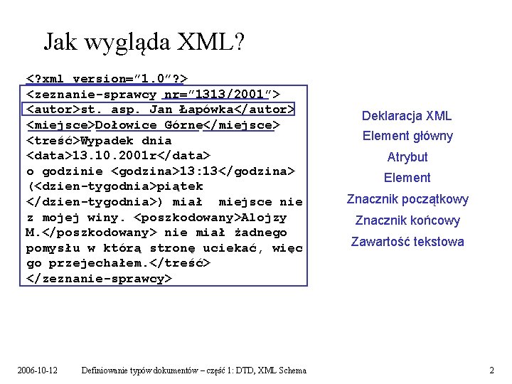 Jak wygląda XML? <? xml version=” 1. 0”? > <zeznanie-sprawcy nr=” 1313/2001”> <autor>st. asp.