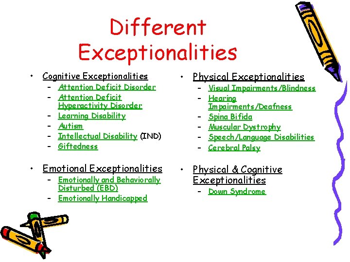 Different Exceptionalities • Cognitive Exceptionalities – Attention Deficit Disorder – Attention Deficit Hyperactivity Disorder Different Exceptionalities • Cognitive Exceptionalities – Attention Deficit Disorder – Attention Deficit Hyperactivity Disorder