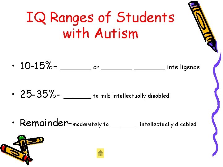 IQ Ranges of Students with Autism • 10 -15%- ____ or ________ intelligence • IQ Ranges of Students with Autism • 10 -15%- ____ or ________ intelligence •