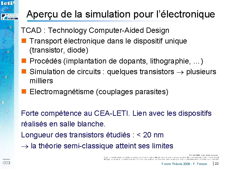 Aperçu de la simulation pour l’électronique TCAD : Technology Computer-Aided Design n Transport électronique