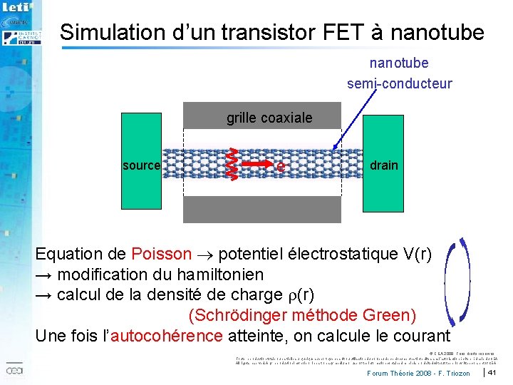 Simulation d’un transistor FET à nanotube semi-conducteur grille coaxiale source e- drain 2007 Equation