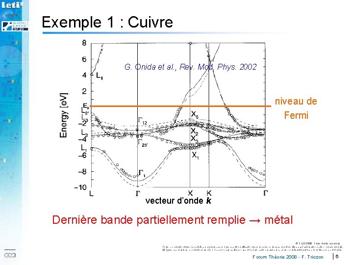 Exemple 1 : Cuivre G. Onida et al. , Rev. Mod. Phys. 2002 niveau