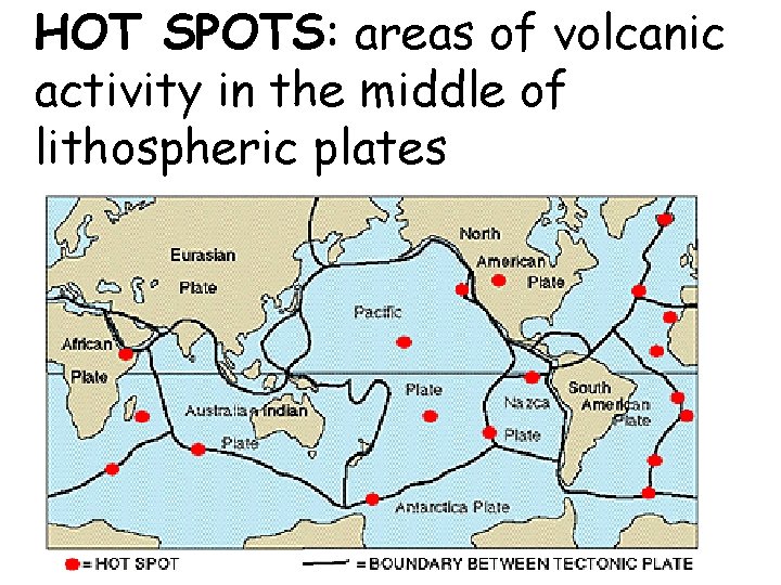 HOT SPOTS: areas of volcanic activity in the middle of lithospheric plates 