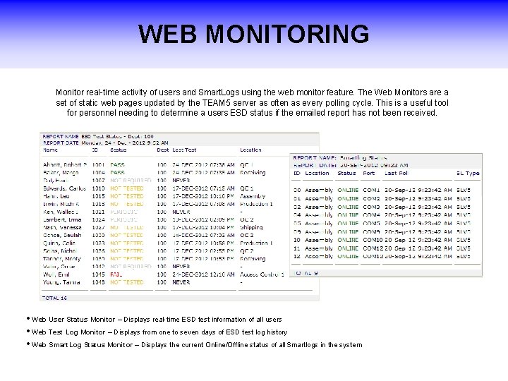 WEB MONITORING Monitor real-time activity of users and Smart. Logs using the web monitor