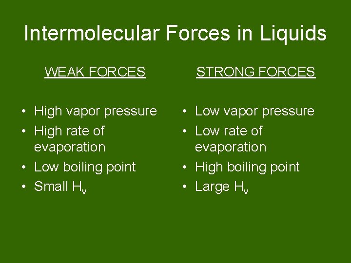Intermolecular Forces in Liquids WEAK FORCES • High vapor pressure • High rate of