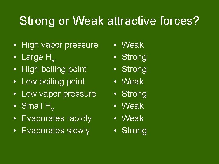 Strong or Weak attractive forces? • • High vapor pressure Large Hv High boiling