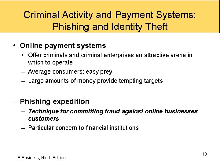 Criminal Activity and Payment Systems: Phishing and Identity Theft • Online payment systems •