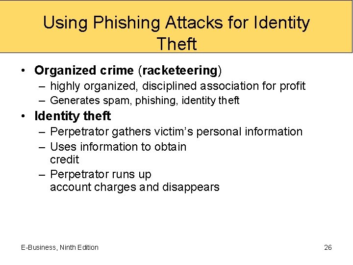 Using Phishing Attacks for Identity Theft • Organized crime (racketeering) – highly organized, disciplined