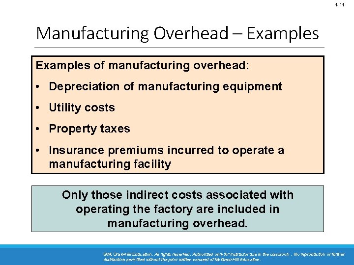 1 -11 Manufacturing Overhead – Examples of manufacturing overhead: • Depreciation of manufacturing equipment