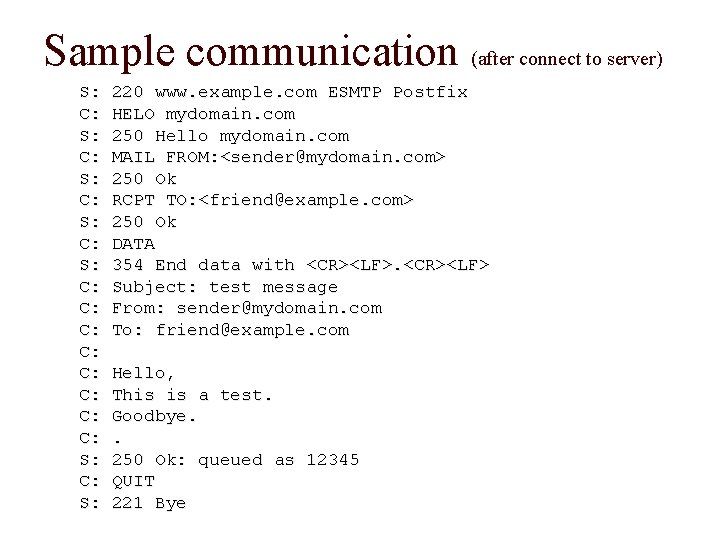 Sample communication (after connect to server) S: C: S: C: C: S: C: S: