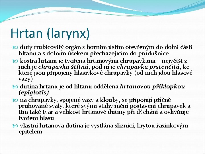 Hrtan (larynx) dutý trubicovitý orgán s horním ústím otevřeným do dolní části hltanu a