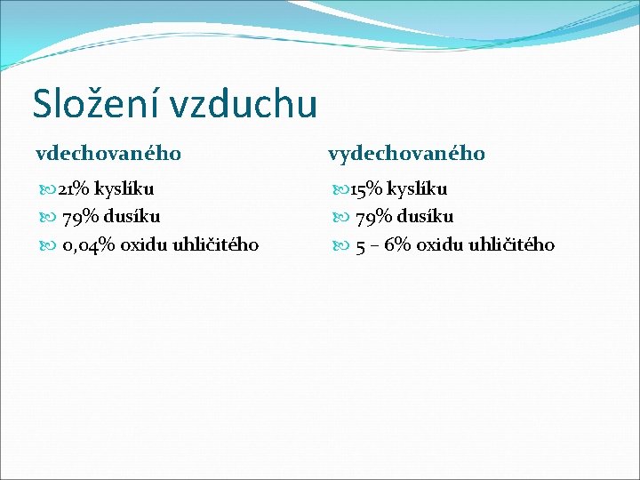 Složení vzduchu vdechovaného vydechovaného 21% kyslíku 79% dusíku 0, 04% oxidu uhličitého 15% kyslíku Složení vzduchu vdechovaného vydechovaného 21% kyslíku 79% dusíku 0, 04% oxidu uhličitého 15% kyslíku