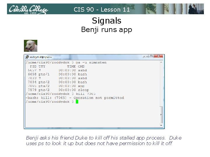 CIS 90 - Lesson 11 Signals Benji runs app Benji asks his friend Duke