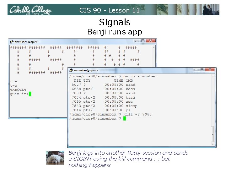 CIS 90 - Lesson 11 Signals Benji runs app Benji logs into another Putty