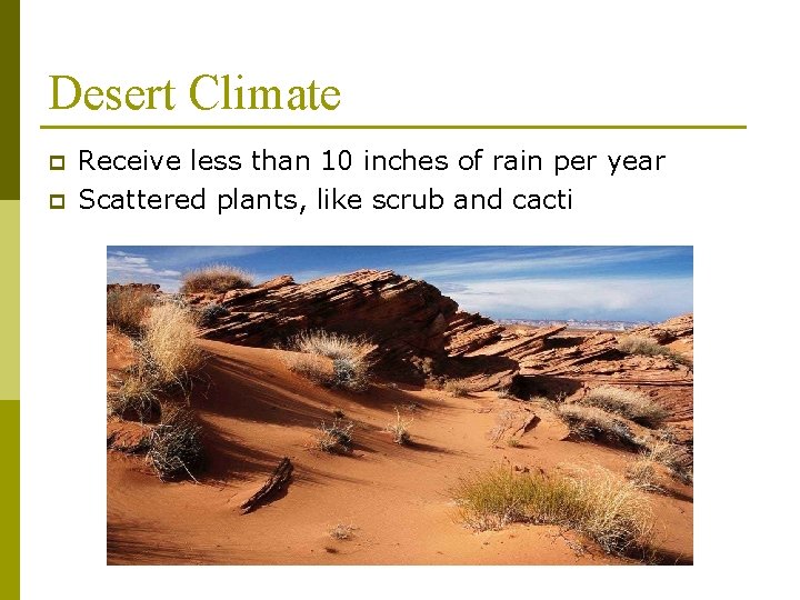 Desert Climate p p Receive less than 10 inches of rain per year Scattered